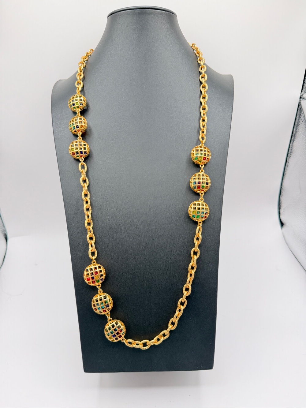 CHANEL Vintage Rare Signed Multi Bead Gripoix - Gold Cage Necklace  c. 1980